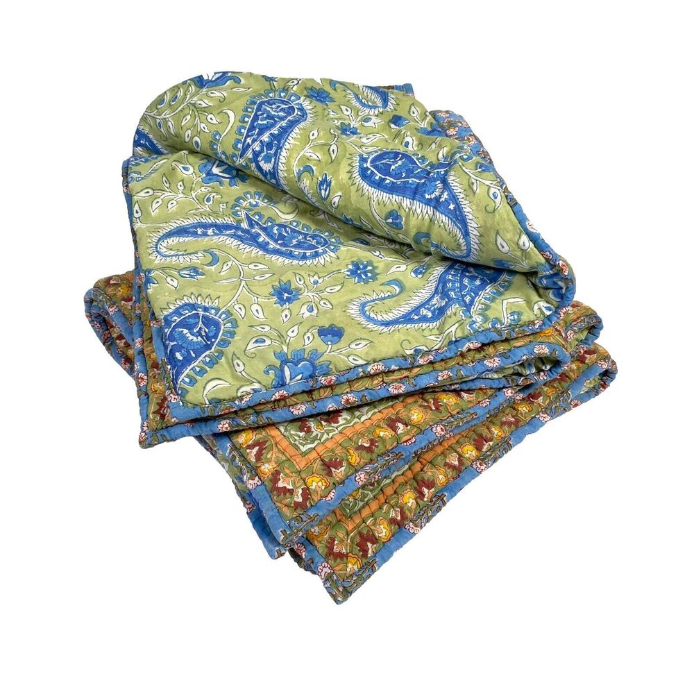 Pottery Barn Outlet Pillow Shams Euro Blue Green Floral Paisley Quilted Covers